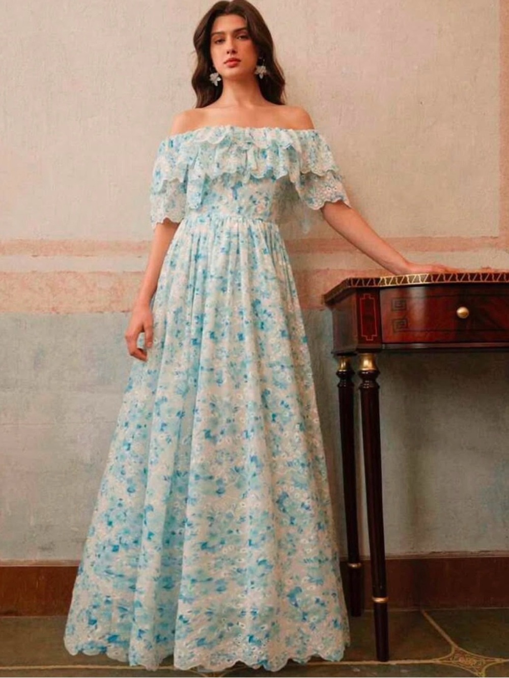 Off-Shoulder Blue Floral Lace Maxi Dress